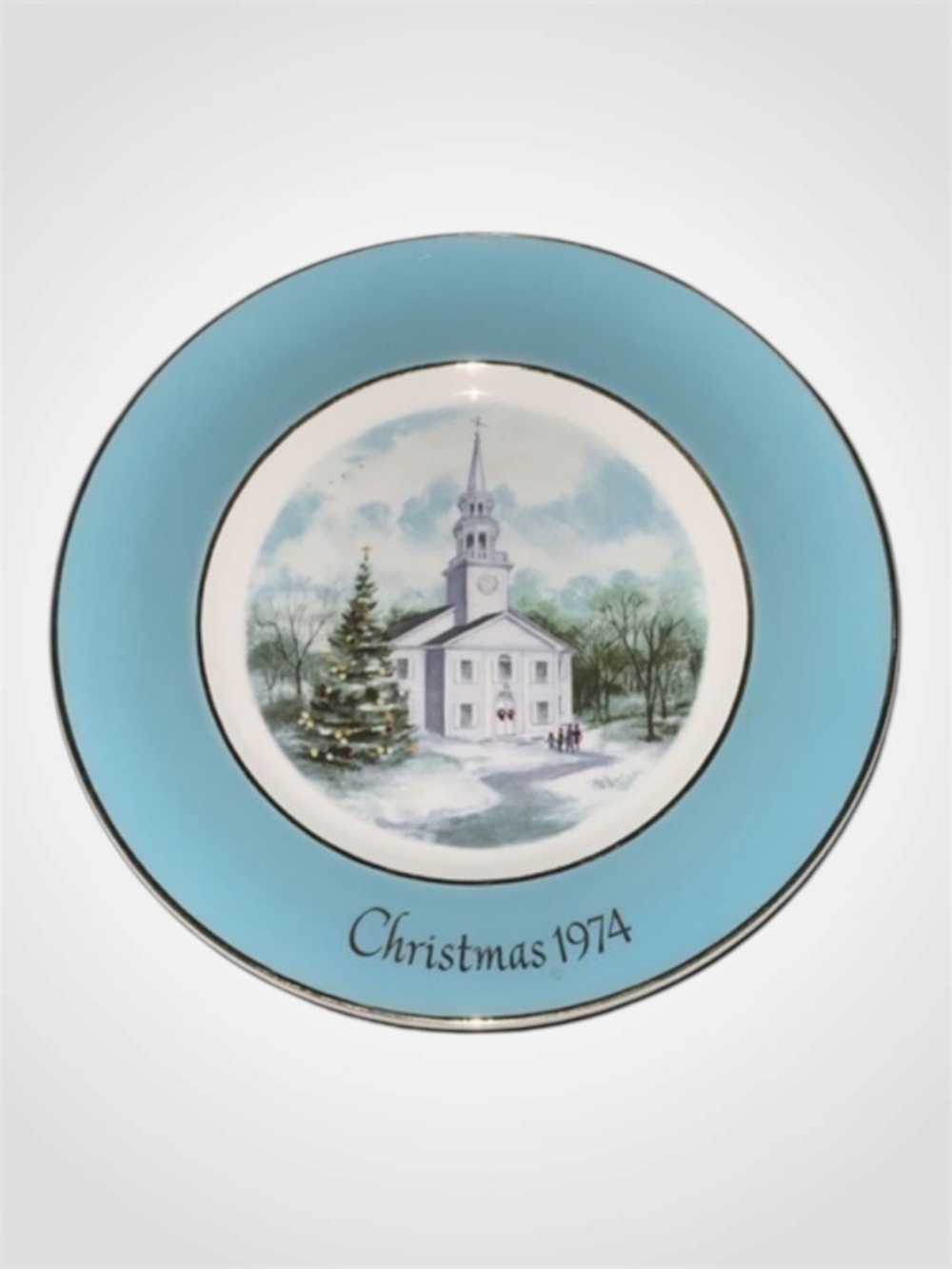 Avon Christmas 1974 “Country Church” 22K Gold Rim Porcelain Plate 9”
